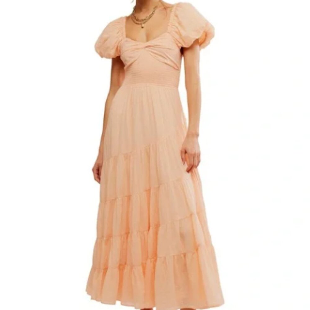 Free People Women's Sundrenched Puff-Sleeve Tiered Dress Size L New